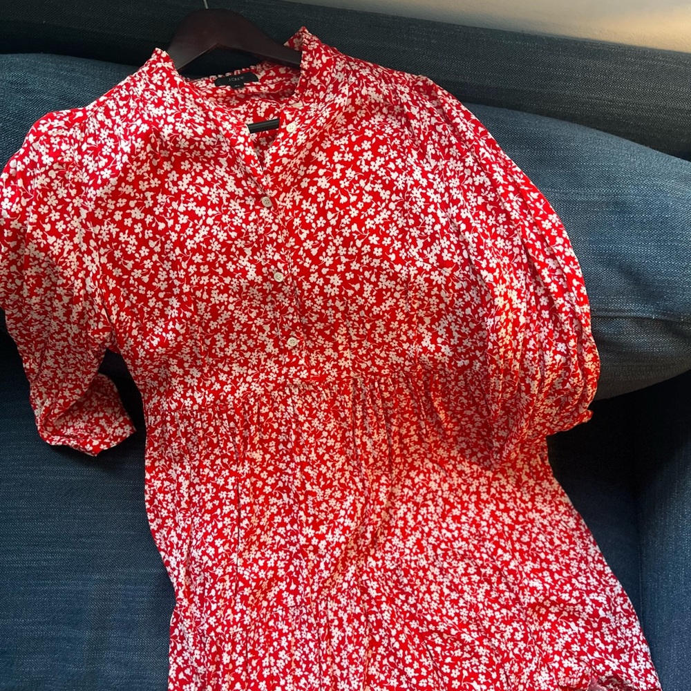 J. Crew Red and White Ditzy Floral Dress